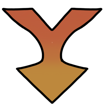 a dark orange top half of an 'x' emerges down into a light orange downwards arrow.